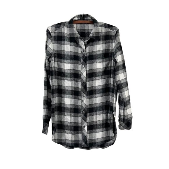 Athleta Womens Black White Plaid Long Sleeve Flannel Button Shirt Size Small - Picture 1 of 8